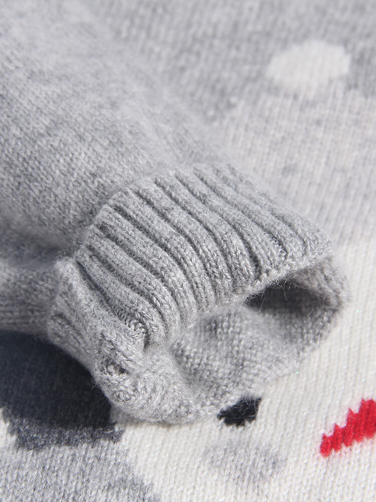 Kids Heather Grey Cashmere Sweater with Dog and Snowman Pattern